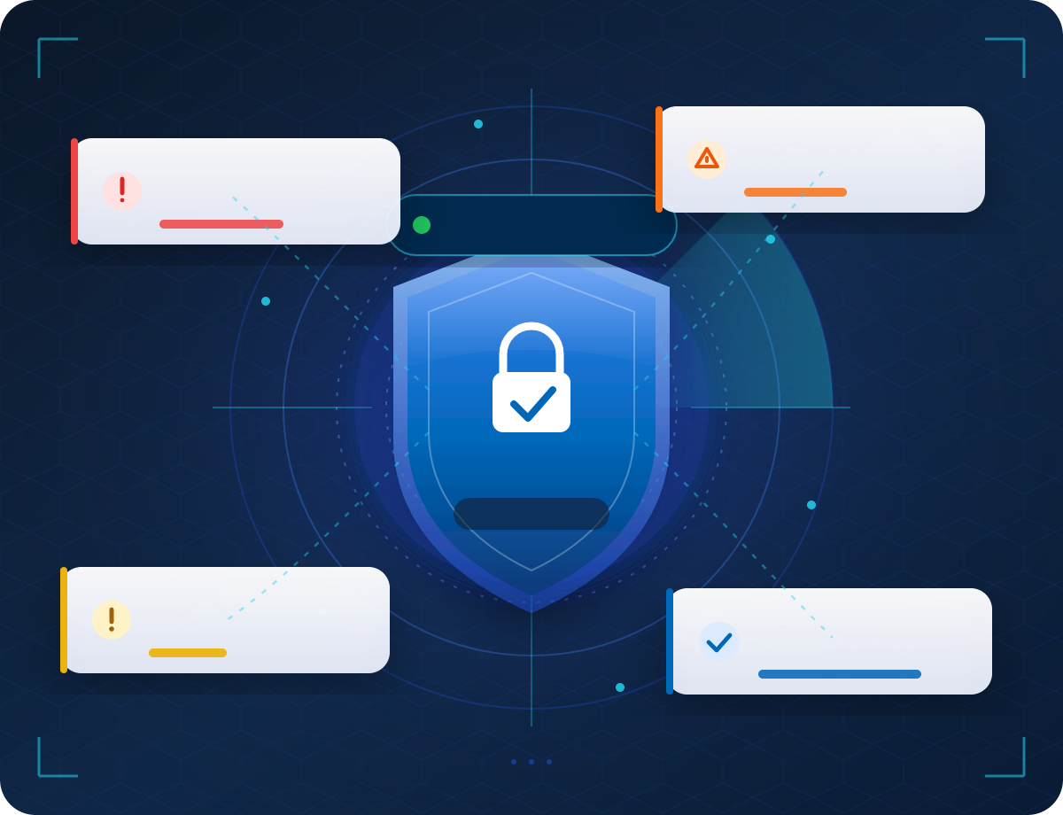 Entra ID security scan illustration: a shield protecting your tenant with critical, high and medium severity findings surfaced as cards